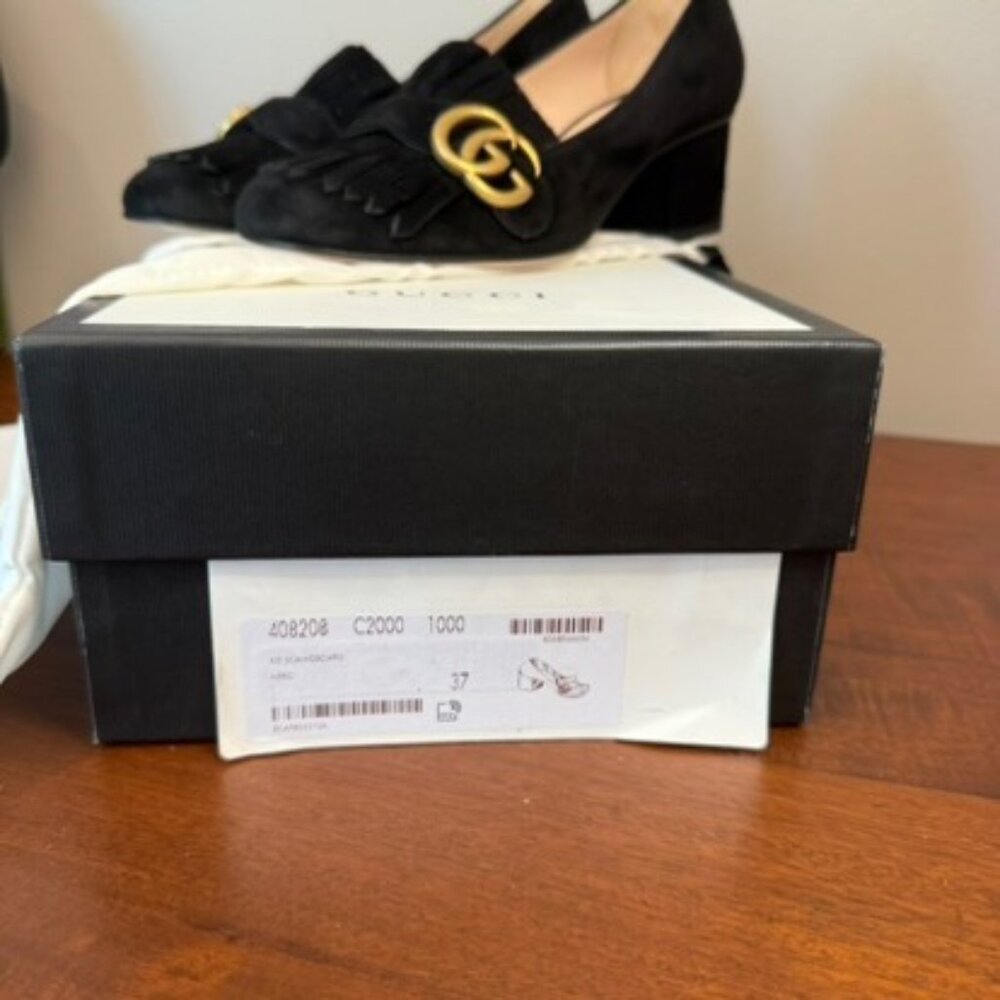 Gucci GG Marmont Fringe Loafer Pumps Black Suede Block Heel EU 37 - Picture 2 of 10